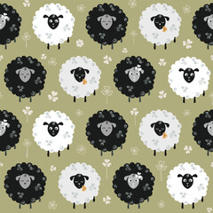 White, black and grey fluffy round sheep in a clover field. Vector seamless pattern