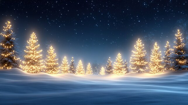 Snow - covered Landscape with Illuminated Christmas Trees under Starlit Sky 