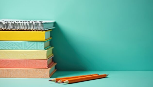 Stack of colorful geometric patterned notebooks, folders with orange pencils. Perfect stationery for back-to-school, creative projects, organizing study materials. Versatile accessories for students, - Powered by Adobe