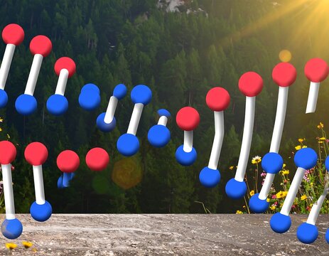 Abstract DNA strand rendering on a serene natural landscape background with sunlight