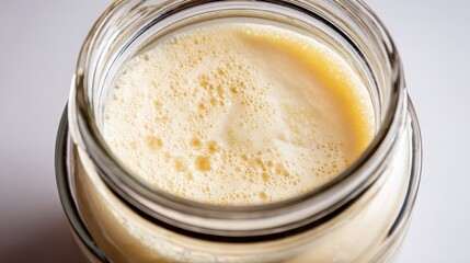 Close up view of creamy beverage in jar showcasing texture and foam