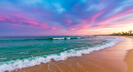 Beach landscape with pink and purple sunset sky over ocean waves. Tropical coast scene with palm trees on horizon for travel and vacation.