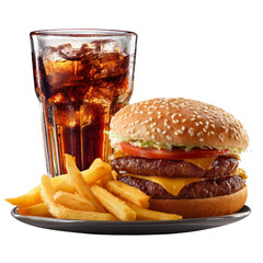 Classic Combo: Double Cheeseburger, Fries, and Cola on Dark Backdrop