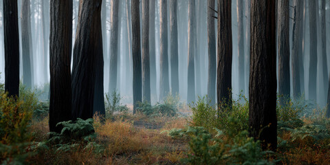 Misty forest with tall tree trunks and green undergrowth creating calm and mysterious atmosphere in woods
