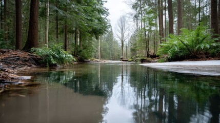 Tranquil forest stream reflecting trees