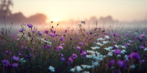Naklejka premium Sunrise Serenity: Wildflowers in a Misty Meadow, Bathed in Golden Light