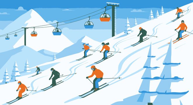 Illustration of skiers descending a snowy mountain slope with a ski lift and snow-covered trees.