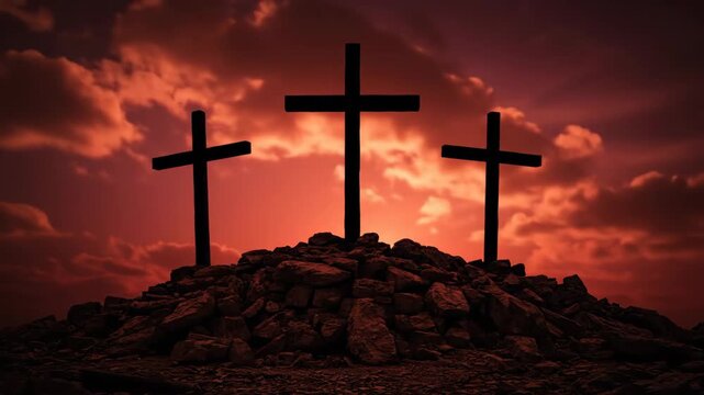 Three Crosses on Hilltop at Sunset - Silhouetted crosses stand on a rocky hilltop against a dramatic, red sunset sky. The video evokes a feeling of faith, spirituality, and remembrance.
