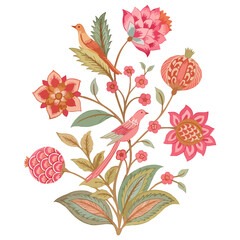 Colourful Chintz Floral motif with birds on a white transparent background