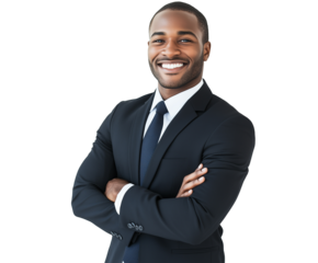 Young African American businessman wearing a suit and tie standing with his arms crossed, isolated against a white background
