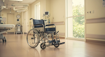 Empty wheelchair in a bright hospital corridor.