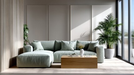 Modern, light-filled living room with sage green sectional sofa