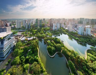 capture the essence of urban greening initiatives from a high angle perspective show lush green spaces amidst cityscapes supporting sustainability and livability inspire viewers