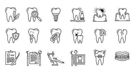 Set of dental icons representing oral health, hygiene, and treatment options.