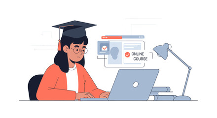 Obraz premium A student wearing a graduation cap is attending an online course using a laptop computer.