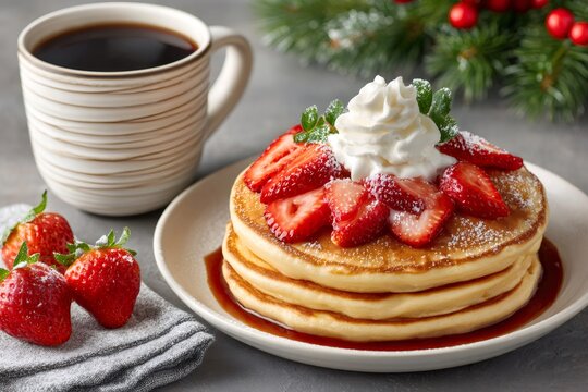 Delicious pancakes with strawberries, whipped cream and coffee for christmas breakfast