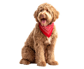 Happy Goldendoodle Dog Wearing Red Bandana Sitting isolated on a transparent background
