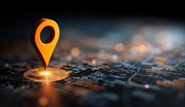 Orange map pin on glowing digital map