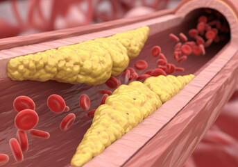 Close up view of a clogged artery showing fatty plaque buildup obstructing blood flow with red blood cells circulating within the vessel