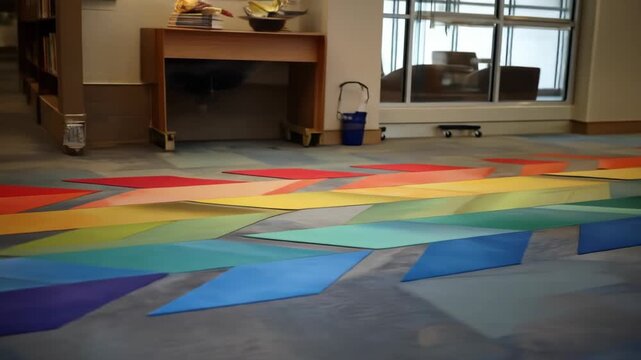 A floor design features a rainbow chevron pattern. Surrounding the installation are interior elements a wooden desk, bookshelf, doorway, and a window
