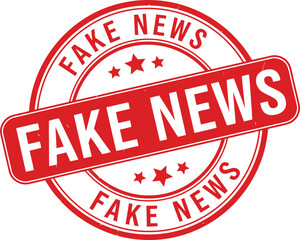 Red rubber stamp with the words fake news prominently displayed in a circular pattern and a diagonal banner