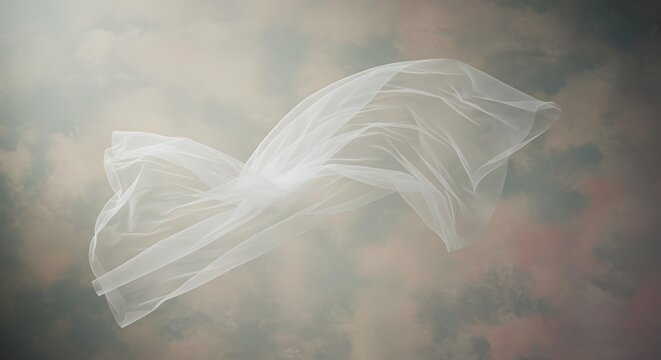 White Sheer Fabric or Bridal Veil Flowing Against Dreamy Sky