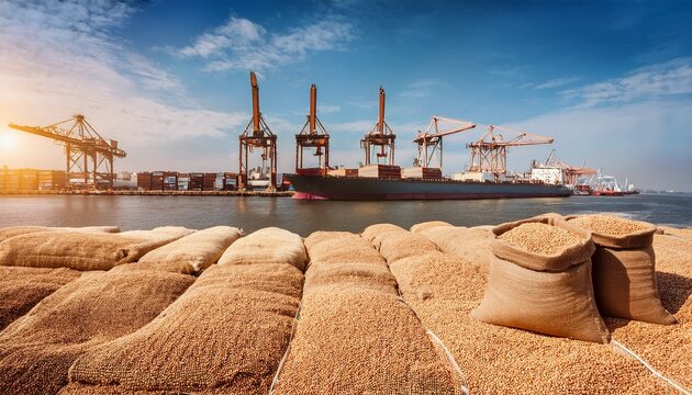 wheat grains and burlap sacks waiting for export at a cargo port