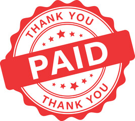Red and white circular stamp with the word paid prominently displayed across a red banner and thank you around the border