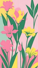 A colorful and artistic illustration of various flower arrangements, showcasing bright colors and intricate details. It creates a sense of vibrancy and freshness.