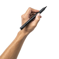 Human hand holding a stylus pen for digital drawing or writing isolated on transparent background