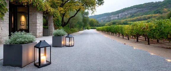 Elegant pathway through a vineyard, lined with landscaping and lanterns