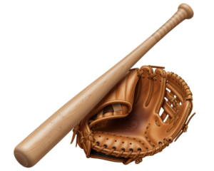 Baseball Bat and Glove Set in Brown Leather and Wooden Hitter for Sports Equipment