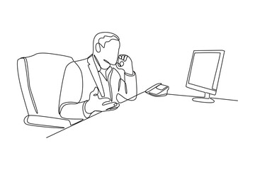 simple continuous line draw of banker activity is on the phone. Business minimalist concept. Banker minimalist concept. Banker activity.