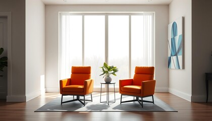 modern living room with red furniture in the wall background.