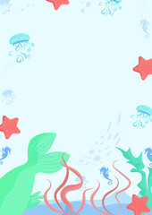 The template is a marine-style frame. A marine theme with fish, seahorses, algae, and jellyfish.  A frame with characters in a children's flat world.