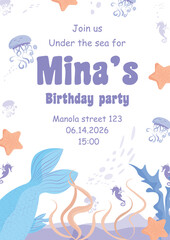 Fototapeta premium An invitation template for a children's birthday in a nautical style. A birthday invitation in a rectangular format. Fish, seahorses and jellyfish in a flat children's style.