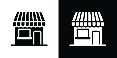 Store Icon in Black and White with Striped Awning