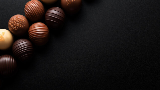 A row of assorted Belgian chocolates arranged on a black background flat lay banner with copy space