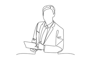 simple continuous line draw of banker activity writing while standing. Business minimalist concept. Banker minimalist concept. Banker activity.