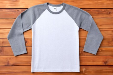 Long sleeved raglan t shirt mockup lying on wooden background