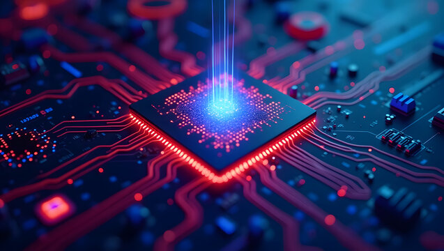 Printed circuit board with a macro view of computer technology and electronic components