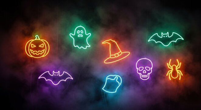 Neon halloween icons including a pumpkin ghost bat witch hat skull spider and candy corn in a smoky atmosphere