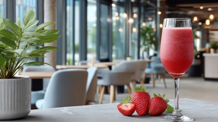 Red smoothie in glass, fresh strawberries on table in cafe