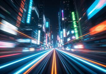 Obraz premium Blurring neon lights of a futuristic city street at night creating a sense of speed and motion with vibrant colors