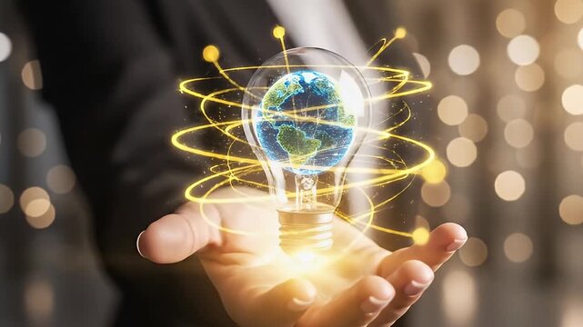 Hand holding lightbulb filled with earth encircled by yellow lines