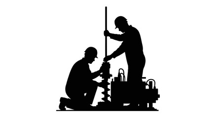 Two construction workers using a soil auger, conducting site investigation or drilling.