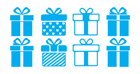 gift box icon set on a simple Blue vector.  collection of eight gift icon. Present gift box icon. Victor illustration eps10