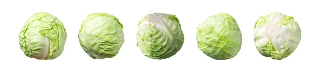 Cut out white cabbage isolated on white background. Collection of whole and cut fresh raw cabbage, object for your design, advertising. With clipping path. Healthy vegetable, food