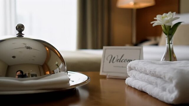 Hotel room detail covered dish welcome sign white towels flower vase on a wooden table
