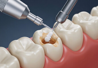 Close up of a dental drill preparing a tooth cavity for filling with a restorative material during a dental procedure